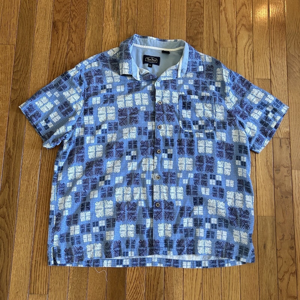 Nat Nast Mens XL Short Sleeve Button Shirt Silk Cotton Blend Aztec Hawaiian